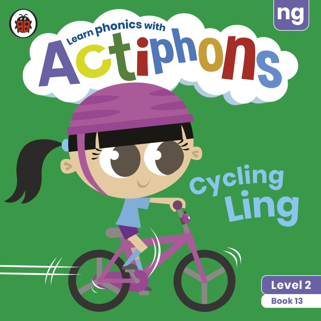 Learn with Actiphons: Cycling Ling. Features a grassy green cover with a young cartoon girl on a bicycle