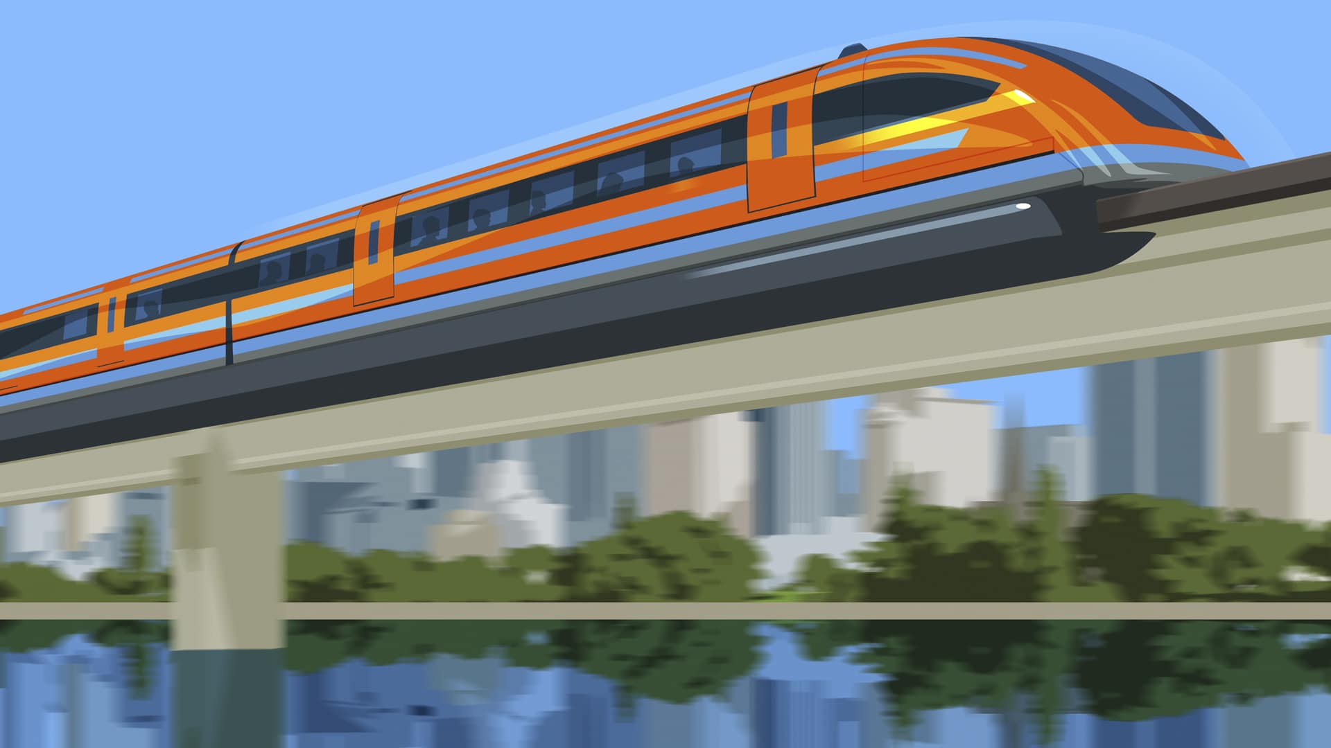 Train speeding along a bridge